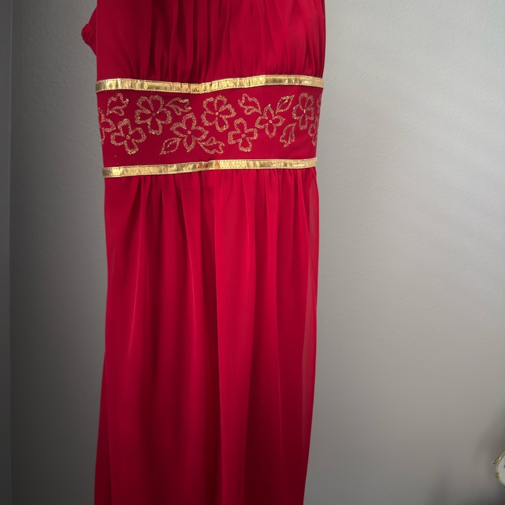 Red Dress with Gold Floral Embroidery